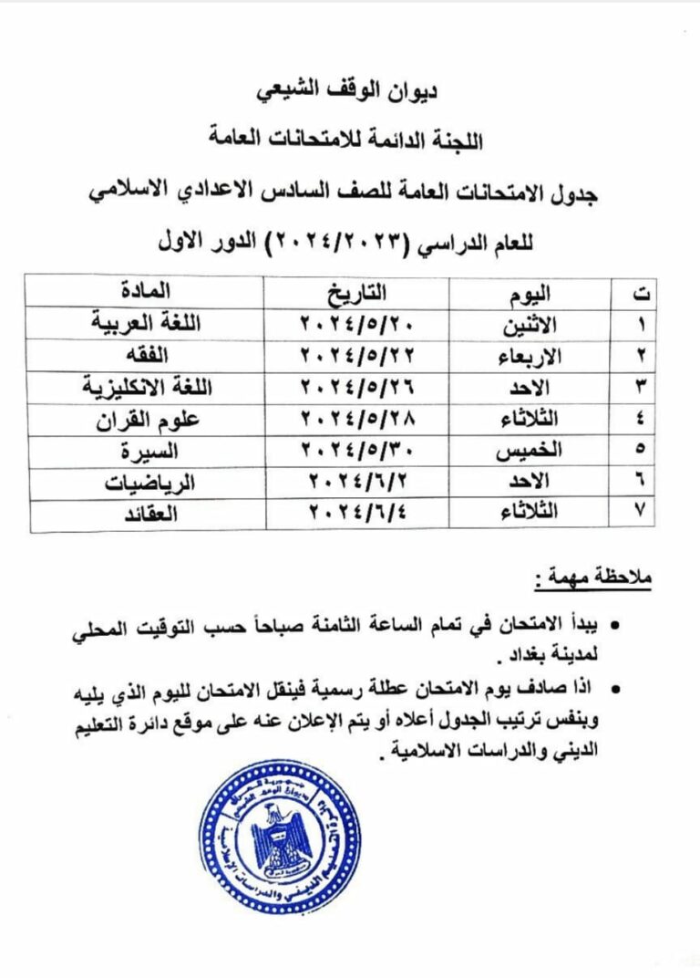 التعليم الديني يحدد يوم 20 من شهر آيار المقبل موعدا لأمتحانات الصف السادس الإعدادي الإسلامي